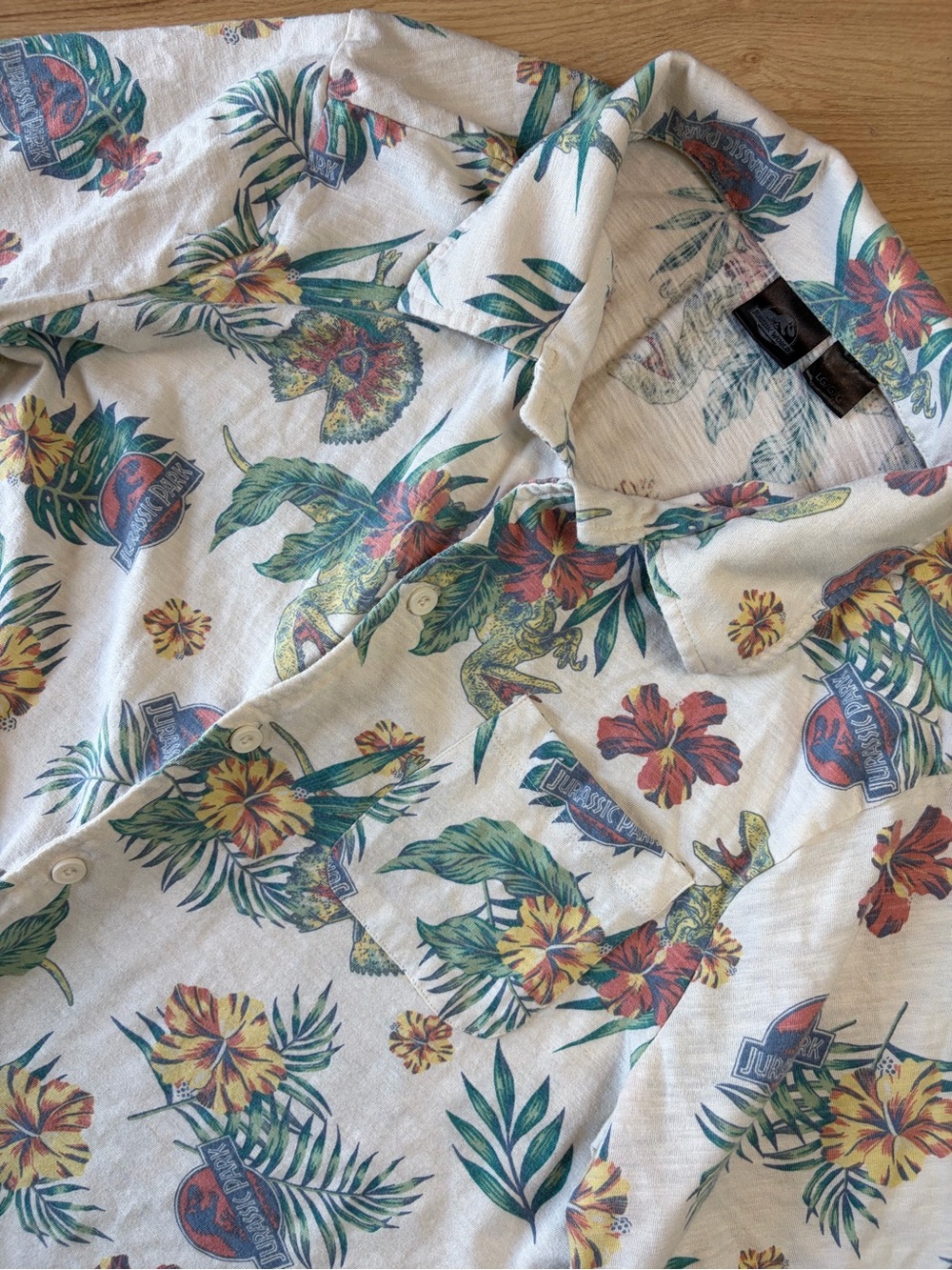 Jurassic Park Hawaiian Shirt Mens LG Cream Tropical Floral Dinosaur Button Down
